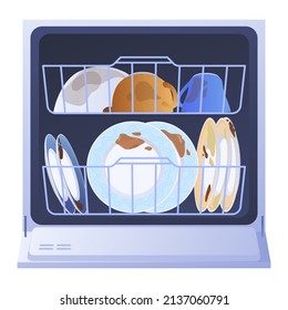 Dishwasher full dirty dishes front view vector flat illustration. Mess utensil washing at modern electronic device with open door shelves. Cup, mug, plate, bowl covered by spots. Household appliance