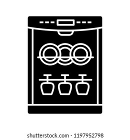 Dishwasher glyph icon. Silhouette symbol. Automatic dishware and cutlery cleaning. Kitchen appliance. Restaurant, cafe equipment. Negative space. Vector isolated illustration