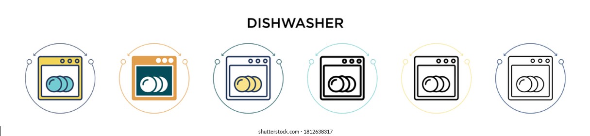 Icono del lavavajillas en el estilo relleno, delgado, contorno y trazo. Ilustración vectorial de dos diseños vectores de lavavajillas de color y negro se pueden utilizar para móviles, ui, web