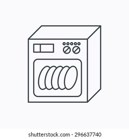 Dishwasher icon. Kitchen appliance sign. Linear outline icon on white background. Vector