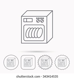 Dishwasher icon. Kitchen appliance sign. Linear circle, square and star buttons with icons.
