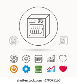 Dishwasher Icon. Kitchen Appliance Sign. Calendar, Graph Chart And Cogwheel Signs. Download And Heart Love Linear Web Icons. Vector