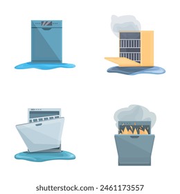 Dishwasher icons set cartoon vector. Broken household dishwasher. Repair maintenance