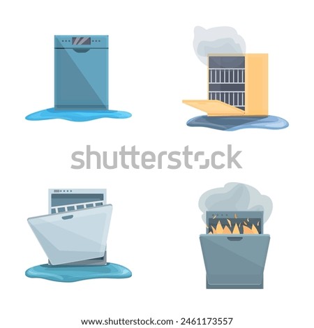 Dishwasher icons set cartoon vector. Broken household dishwasher. Repair maintenance