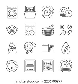Fijación de iconos del lavavajillas. Aparatos de cocina para lavar platos y cubiertos, colección de iconos lineales. Instalación y cuidado. Platos limpios y calientes. Lávese los pasos, instrucciones y características. Curso editable de línea