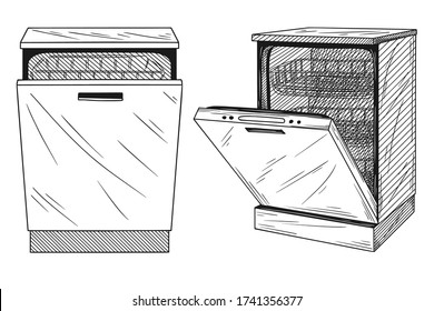 Dishwasher isolated on white background. Vector illustration of a sketch style.