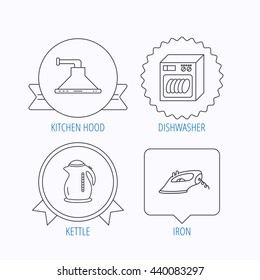 Dishwasher, kettle and kitchen hood icons. Iron linear sign. Award medal, star label and speech bubble designs. Vector