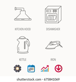 Dishwasher, kettle and kitchen hood icons. Iron linear sign. Calendar, Graph chart and Cogwheel signs. Download colored web icon. Vector