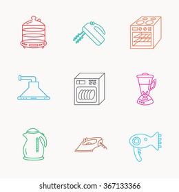 Dishwasher, kettle and mixer icons. Oven, steamer and iron linear signs. Hair dryer, blender and kitchen hood icons. Linear colored icons.