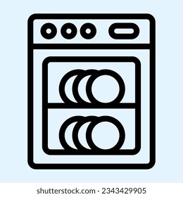 Icono de la línea del lavavajillas. Lavadora automática de platos con placas en el interior. Concepto de diseño de vectores de cocina estilo casa, pictograma de estilo de contorno sobre uso blanco para y aplicación. Eps 10.