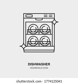 Dishwasher Line Icon on Isolated Background. Vector Illustration of Dish Washing Machine. Outline Household Electrical Equipment.