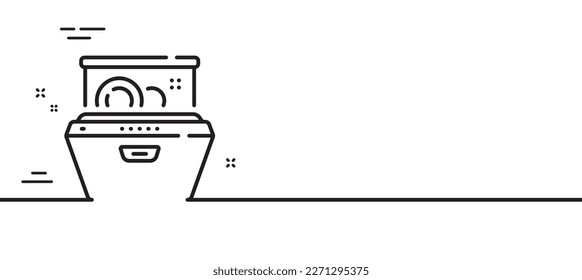 Dishwasher line icon. Wash dishes and plates sign. Dish cleaning machine symbol. Minimal line illustration background. Dishwasher line icon pattern banner. White web template concept. Vector