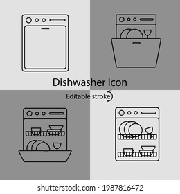 Dishwasher linear icons set. Customizable linear contour symbol. Editable stroke. Isolated vector stock illustration
