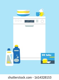 Dishwasher machine with cleanser, washing tabs  and dishes. Kitchen equipment icon vector illustration.