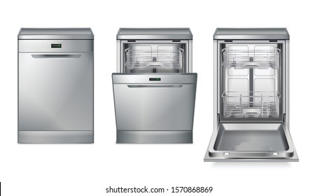 Dishwasher machine grey realistic set with three isolated images with different views of dish washing machine vector illustration