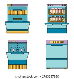 Dishwasher machine icon set. Outline set of dishwasher machine vector icons thin line color flat isolated on white