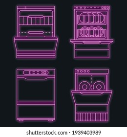 Dishwasher machine icon set. Outline set of dishwasher machine vector icons neon color on black