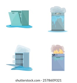 Dishwasher machine icons set cartoon vector. Broken household dishwasher. Repair maintenance