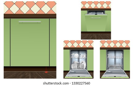 Dishwasher machine icons set. Realistic set of dishwasher machine vector icons for web design isolated on white background