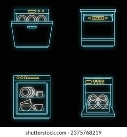 Dishwasher machine kitchen icons set. Outline illustration of 4 dishwasher machine kitchen vector icons neon color on black