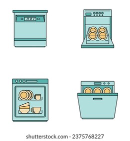 Dishwasher machine kitchen icons set. Outline illustration of 4 dishwasher machine kitchen vector icons thin line color flat on white