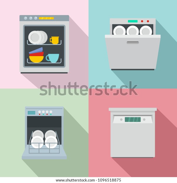 Dishwasher machine\
kitchen icons set. Flat illustration of 4 dishwasher machine\
kitchen vector icons for\
web