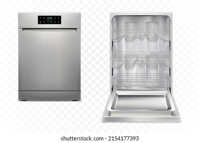 Dishwasher machine with open, closed door, isolated on white background. Smart home appliance concept. Front view. Digital display. Silver color. Realistic 3d Vector illustration.