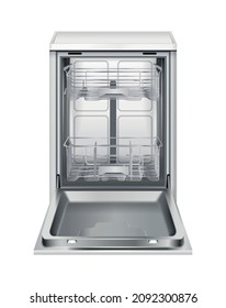 Dishwasher machine realistic composition with isolated view of dish washing apparatus with open lid vector illustration