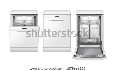 Dishwasher machine realistic set of three isolated images with different views of dish washing machine vector illustration
