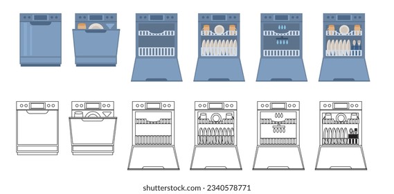 Dishwasher with open, closed door empty, with dishes. Modern household appliance for washing utensil, dishware. Flat-style illustration and linear drawings of a dishwasher