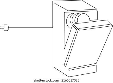 Lavavajillas con puerta abierta y platos en el interior. Ilustración humorística. Dibujo de línea continua vectorial aislado en fondo blanco.
