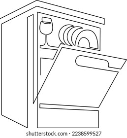 Lavavajillas con puerta abierta y platos en el interior. Ilustración humorística. Dibujo de línea continua vectorial aislado en fondo blanco.