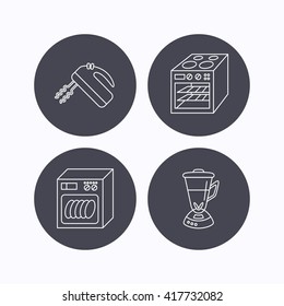 Dishwasher, oven and mixer icons. Blender linear sign. Flat icons in circle buttons on white background. Vector