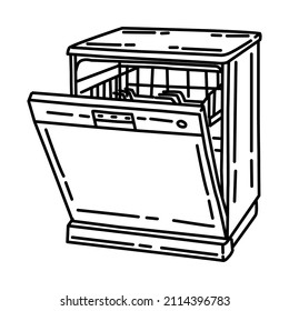 Dishwasher Part of Electronic for Kitchen and Washing Device Hand Drawn Icon Set Vector.