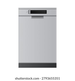 Dishwasher in realistic style. Vector isolated kitchen appliance with front loading door and control panel. Isolated object designed for automated cleaning of dishes. Household equipment appearance