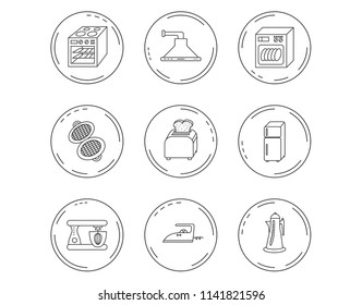 Dishwasher, refrigerator fridge and blender icons. Kitchen hood, mixer and toaster linear signs. Oven, teapot and waffle-iron icons. Linear Circles web buttons with icons. Vector