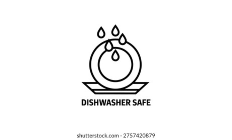 dishwasher safe symbol line icon with plate and water drops flat illustration isolated on light background, kitchen cleaning safety label design