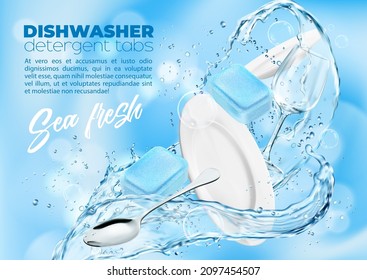 Dishwasher sea breeze detergent tablets. Plate and wineglass in water splash and drops. Vector ad poster with clean dishes, glass and spoon with blue detergent tabs and realistic water flow