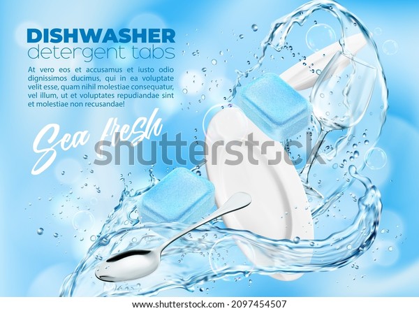 Dishwasher\
sea breeze detergent tablets. Plate and wineglass in water splash\
and drops. Vector ad poster with clean dishes, glass and spoon with\
blue detergent tabs and realistic water\
flow