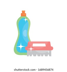 frasco de jabón del lavavajillas e icono del cepillo sobre fondo blanco, estilo plano, elementos de desinfección y limpieza, ilustración vectorial