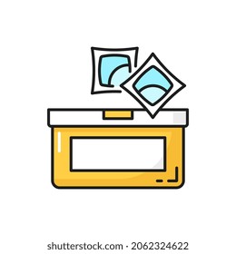 Fichas del lavavajillas o tabletas de gel de lavado aislado icono de línea de color. Vector de vectores de lavavajillas y embalaje de contenedores, suplementos de jabón químico. Pareja de cápsulas de plástico con detergente de lavado y limpieza