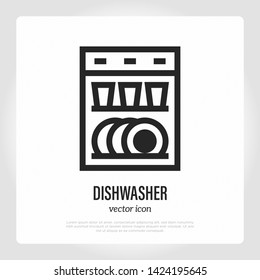 Dishwasher thin line icon. Kitchen appliance. Household equipment. Vector illustration.