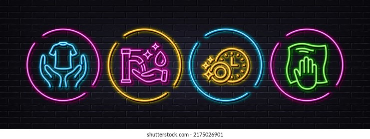 Dishwasher timer, Hold t-shirt and Washing hands minimal line icons. Neon laser 3d lights. Washing cloth icons. For web, application, printing. Cleaning dishes, Laundry shirt, Hygiene care. Vector