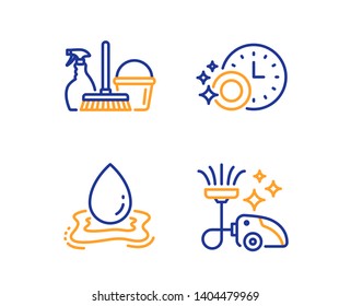 Dishwasher timer, Water splash and Household service icons simple set. Vacuum cleaner sign. Cleaning dishes, Aqua drop, Cleaning equipment. Vacuum-clean. Cleaning set. Linear dishwasher timer icon