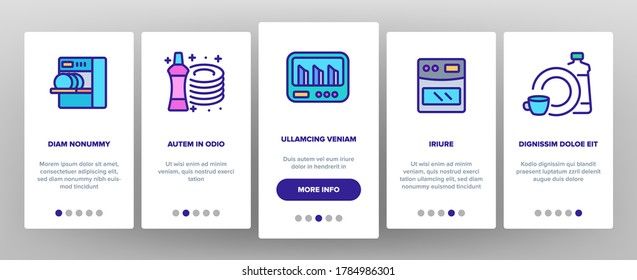 Dishwasher Utensil Onboarding Mobile App Page Screen Vector. Dishwasher Equipment And Cleaning Liquid Bottle For Wash Dishware Cup And Plate Illustrations