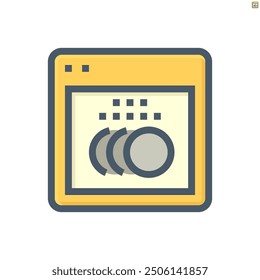 Icono de Vector de lavavajillas. Aparato electrodoméstico o máquina para lavar plato, plato, vajilla y utensilios por el aerosol de agua caliente, desinfectante, detergente y ayuda del enjuague para el hogar de la cocina, el restaurante y el hotel. 48x48 píxeles