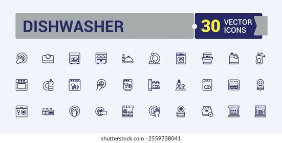 Dishwasher vector line icon set. Featuring sink, hand, machine, tableware, service, room, plate, sponge. Simple icon designs. Outline and solid pictogram.