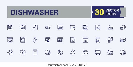 Dishwasher vector line icon set. Featuring sink, hand, machine, tableware, service, room, plate, sponge. Simple icon designs. Outline and solid pictogram.