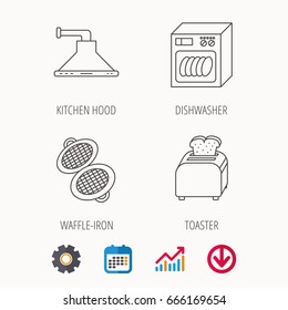 Dishwasher, waffle-iron and toaster icons. Kitchen hood linear sign. Calendar, Graph chart and Cogwheel signs. Download colored web icon. Vector