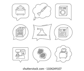 Dishwasher, washing machine and blender icons. Kitchen hood, coffee maker and toaster linear signs. Oven, multicooker and waffle-iron icons. Linear Speech bubbles with icons set. Comic chat balloon